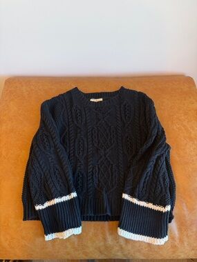 Elan Navy Cable-Knit Crewneck Sweater with White Trim